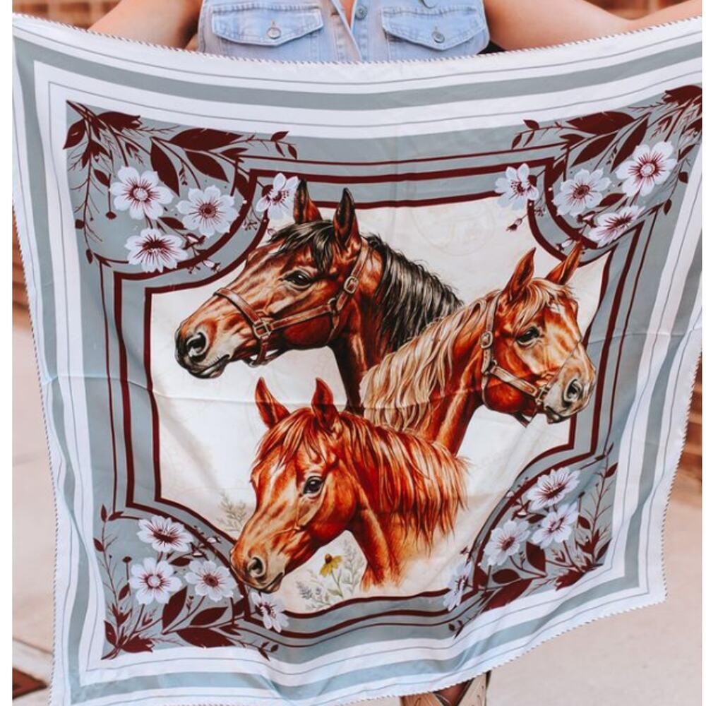 Light Blue & Ivory Vintage Horse Double-Sided Wild Rag — Western Scarf